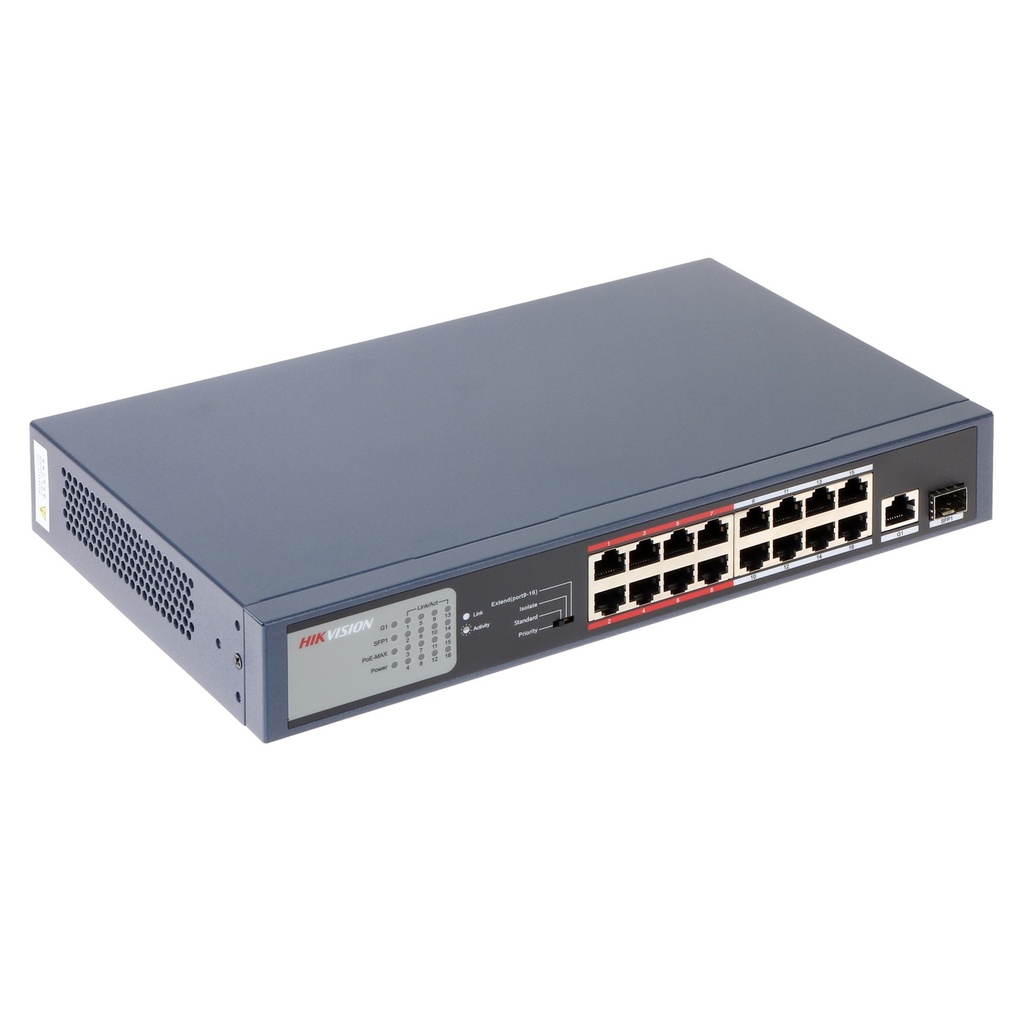 [DS-3E0318P-E/M] Hikvision - Switch POE 16 Puertos 10/100 Mbps + 1 Puerto Gigabit + 1 Puerto SFP