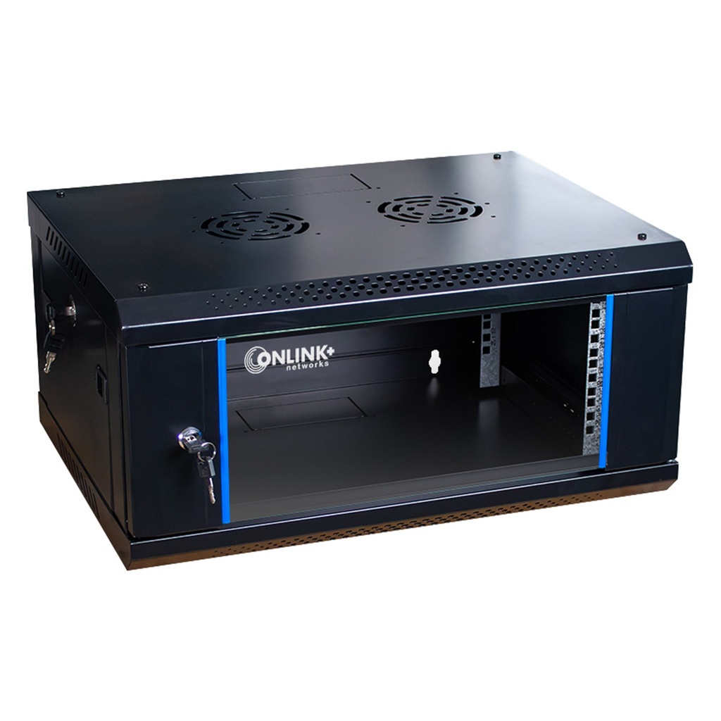 [WM6404-450-BLACK] Onlink - Rack de Pared [4U] Cerrado Fijo 600x450x280mm con 3 Cerraduras y Puerta de Vidrio [Negro]