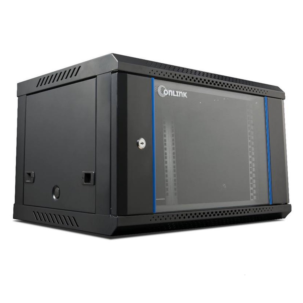 [WM6406] Onlink - Rack de Pared [6U] Cerrado Fijo 600x 450x368mm con 3 Cerraduras y Puerta de Vidrio [Negro]