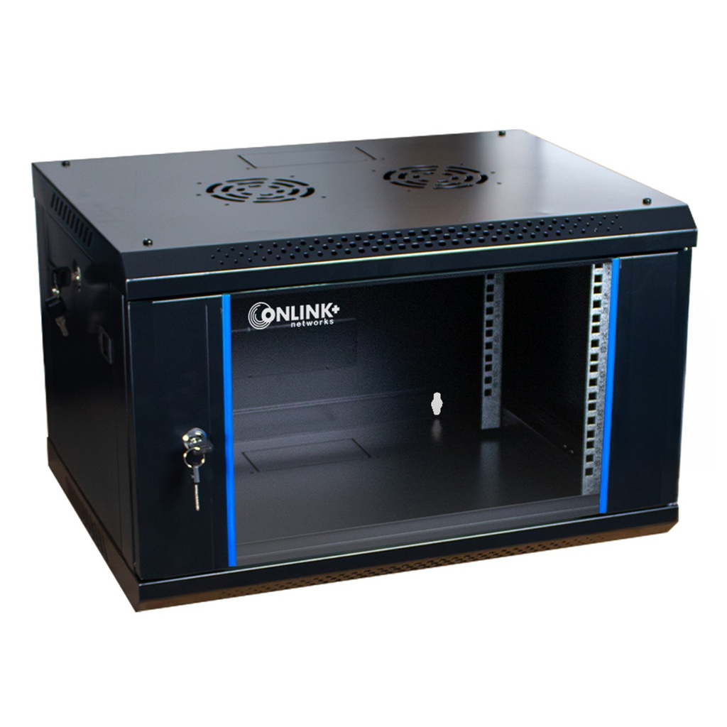 [WM6406-450-BLACK] Onlink - Rack de Pared [6U] Cerrado Fijo 600x 450x368mm con 3 Cerraduras y Puerta de Vidrio [Negro]