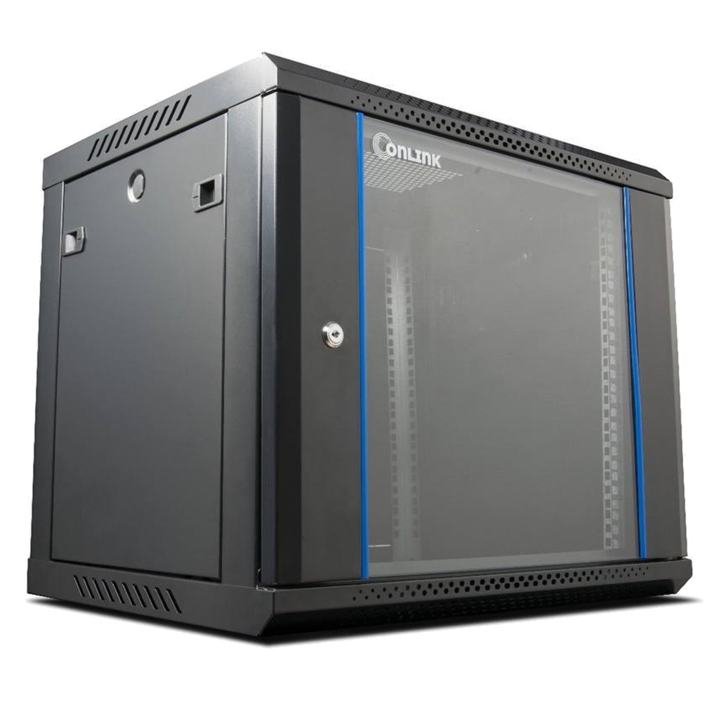 [WM6409] Onlink - Rack de Pared [9U] Cerrado Fijo 600x450x501mm con 3 Cerraduras y Puerta de Vidrio [Negro]