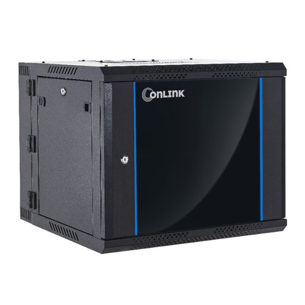 [WMG6506-550-BLACK] Onlink - Rack de Pared [6U] Cerrado Abatible 600x550x368mm con 3 Cerraduras y Puerta de Vidrio [Negro]