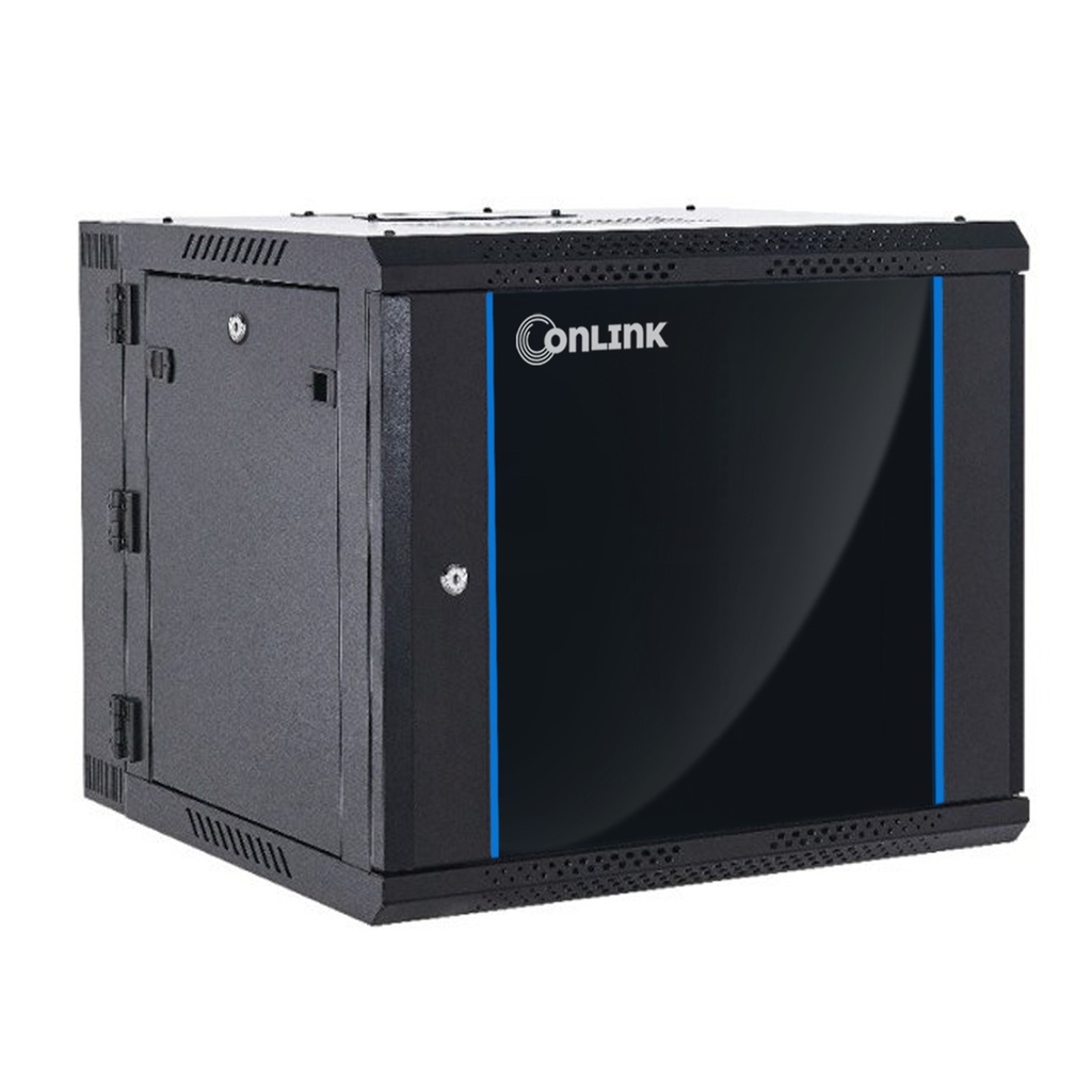 [WMG6509-550-BLACK] Onlink - Rack de Pared [9U] Cerrado Abatible 600x550x501mm con 3 Cerraduras y Puerta de Vidrio [Negro]