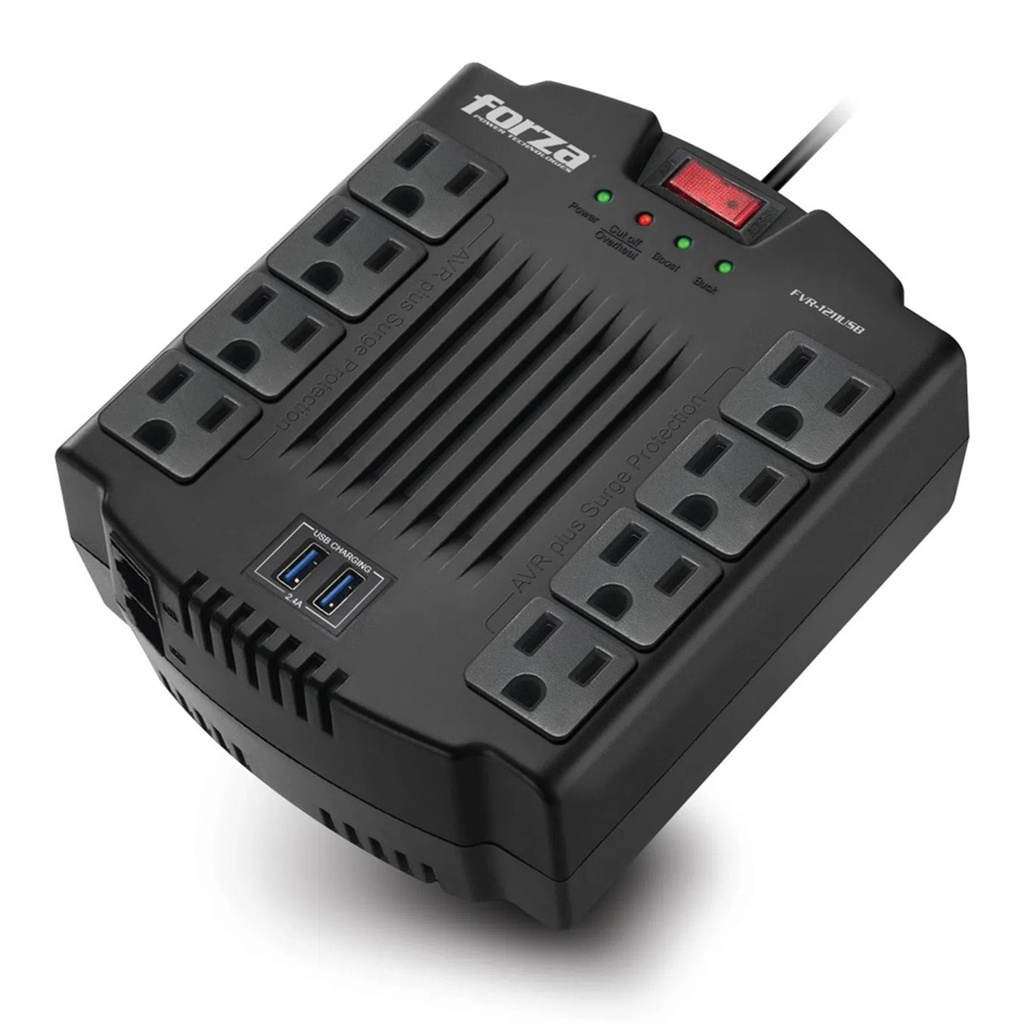 [FVR-1211USB] Forza - Regulador Automático de Voltaje 110V 1000VA/500W [8] x NEMA 5-15R + [2] USB