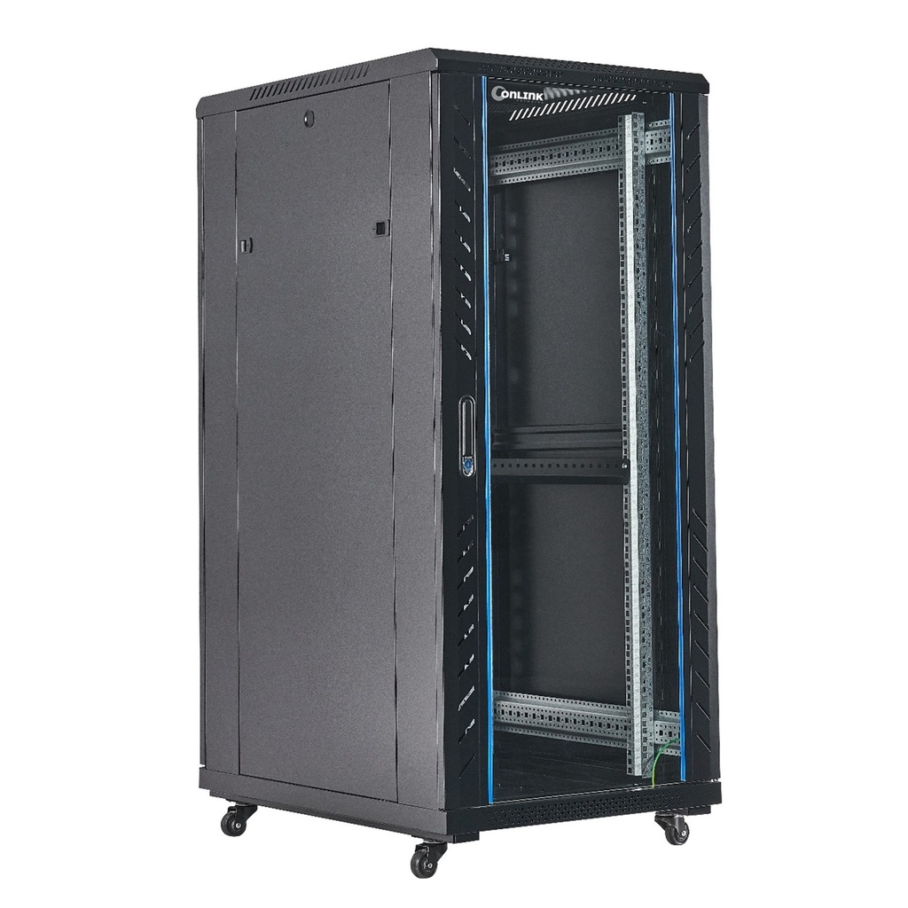 [AS6827-VDM/600x800-BLACK] Onlink - Rack de Piso [27U] Cerrado 600x800x1387mm con Puerta Frontal de Vidrio y Doble Puerta Trasera de Malla [Negro]