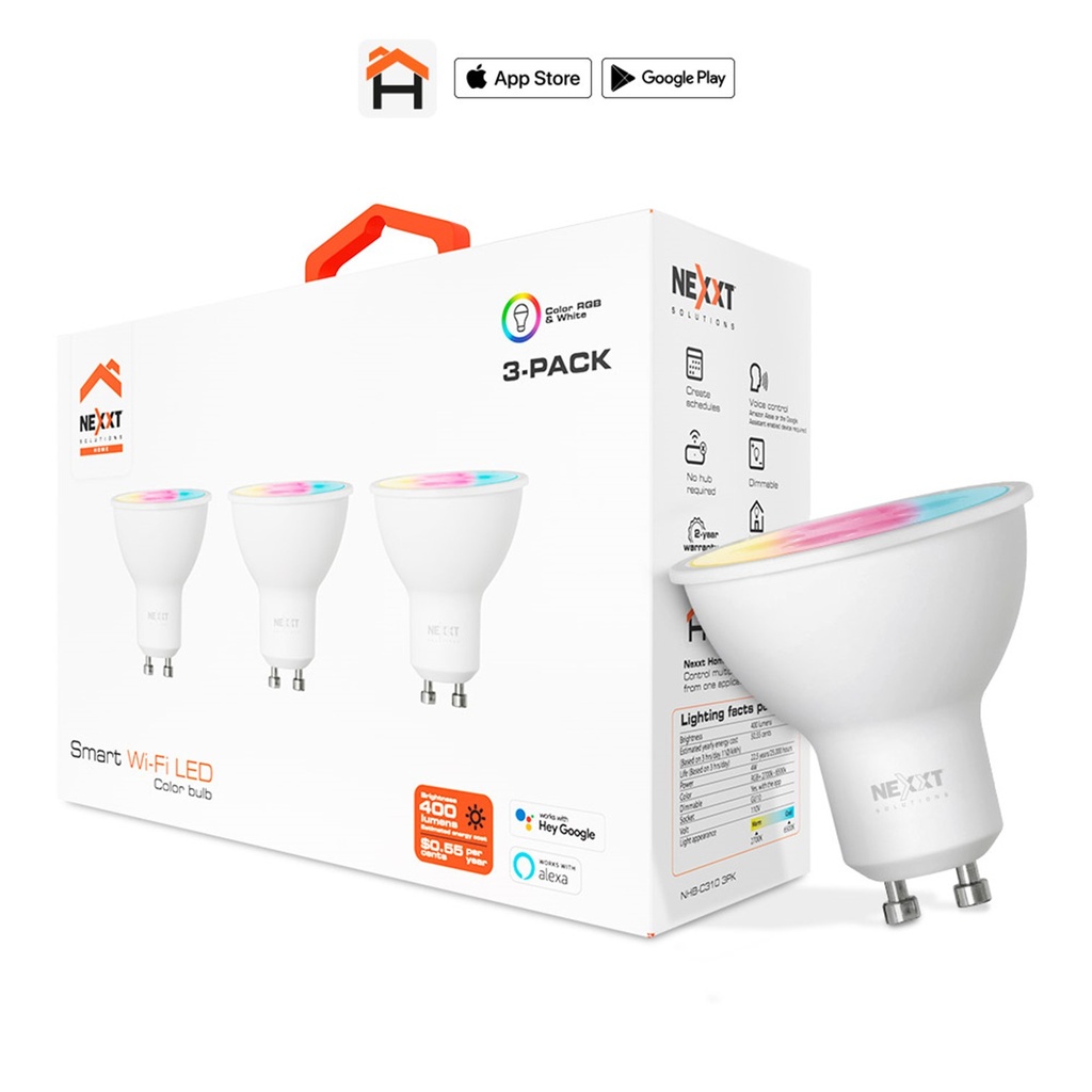[NHB-C3103PK] Nexxt Home - Bombillo LED 4W RGB Inteligente 110V GU10 WiFi [3 Unidades]