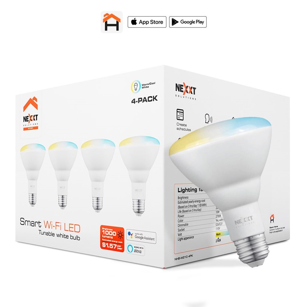 [NHB-W2104PK] Nexxt Home - Bombillo LED 10W Blanco Regulable [2700 a 6500K] Inteligente 110V BR30 WiFi [4 Unidades]