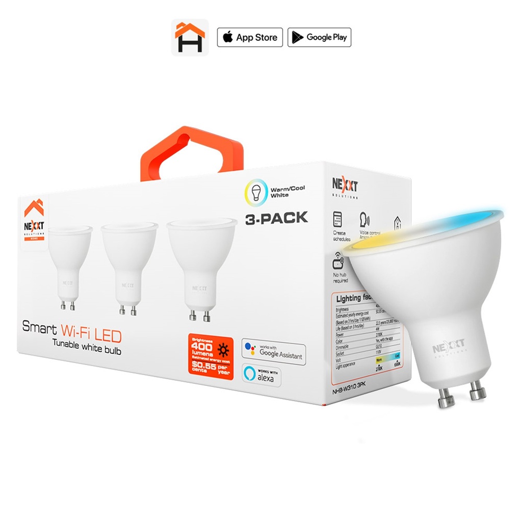 [NHB-W3103PK] Nexxt Home - Bombillo LED 4W Blanco Regulable [2700 a 6500K] Inteligente 110V GU10 WiFi [3 Unidades]