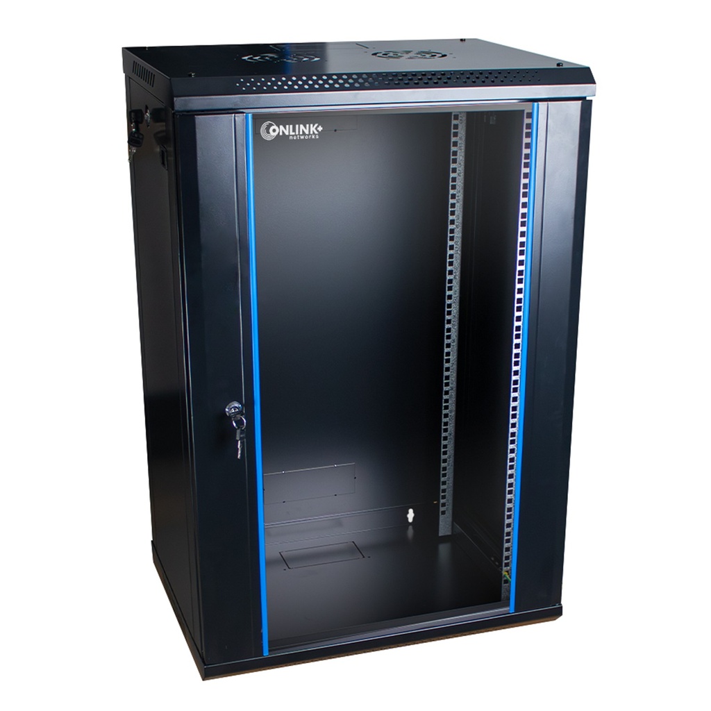 [WM6418-450-BLACK] Onlink - Rack de Pared [18U] Cerrado Fijo 600x450x901mm con 3 Cerraduras y Puerta de Vidrio [Negro]