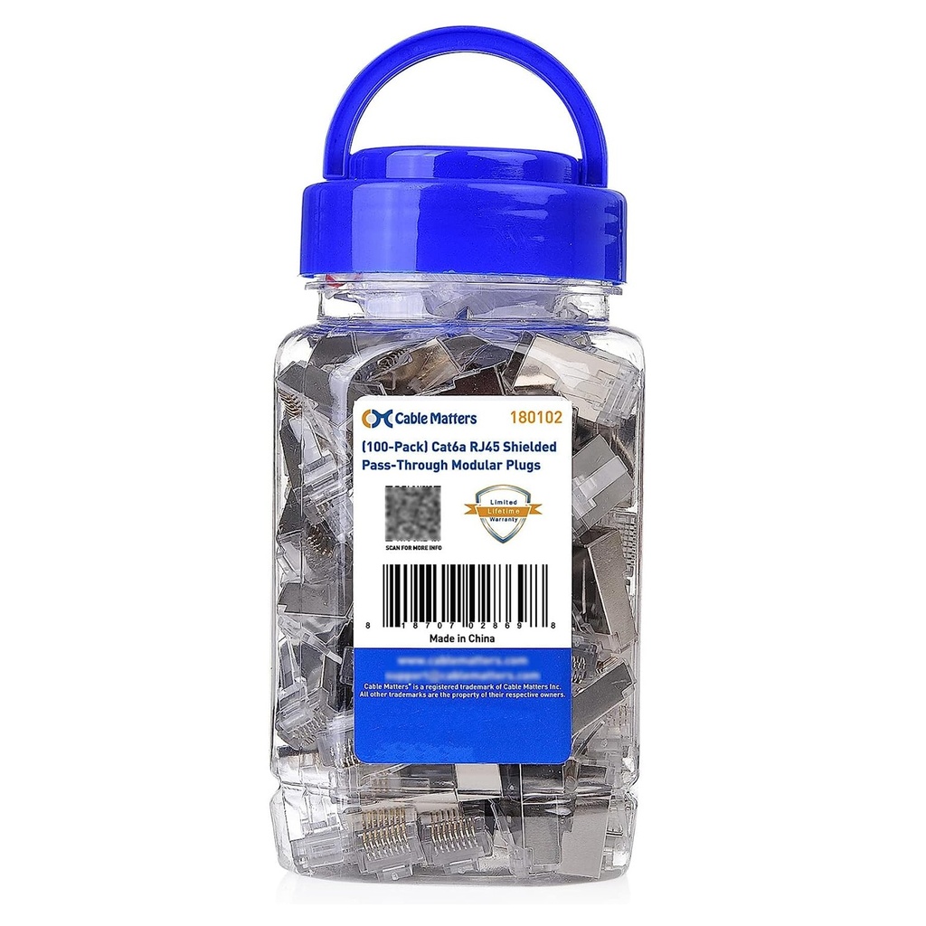 [CM-CAT6A-100-PASS-B] Cable Matters - Conector Modular RJ45 CAT6 (Categoria 6) Blindado Pass-Through Pasante [100 Unidades]