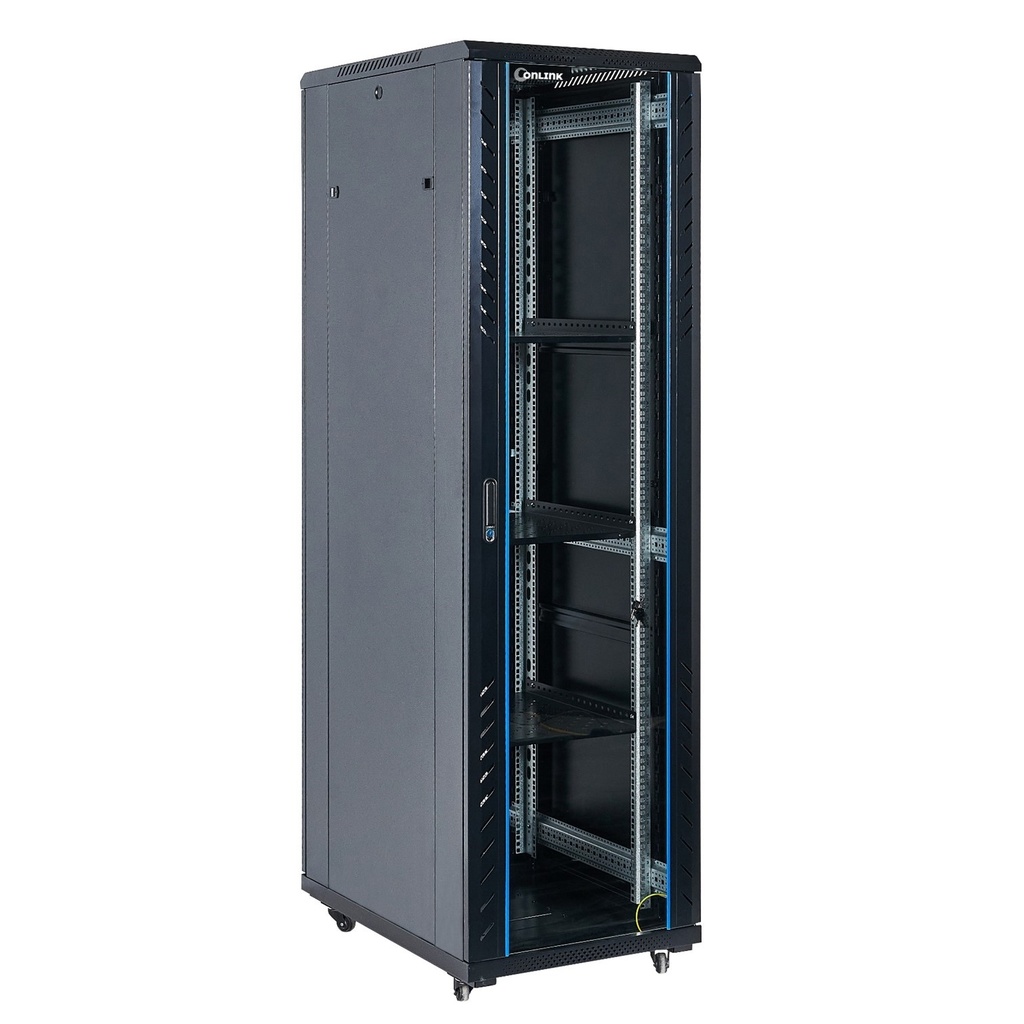 [AS6837-VDM/600x800-BLACK] Onlink - Rack de Piso [37U] Cerrado 600x800x1832mm con Puerta Frontal de Vidrio y Doble Puerta Trasera de Malla [Negro]