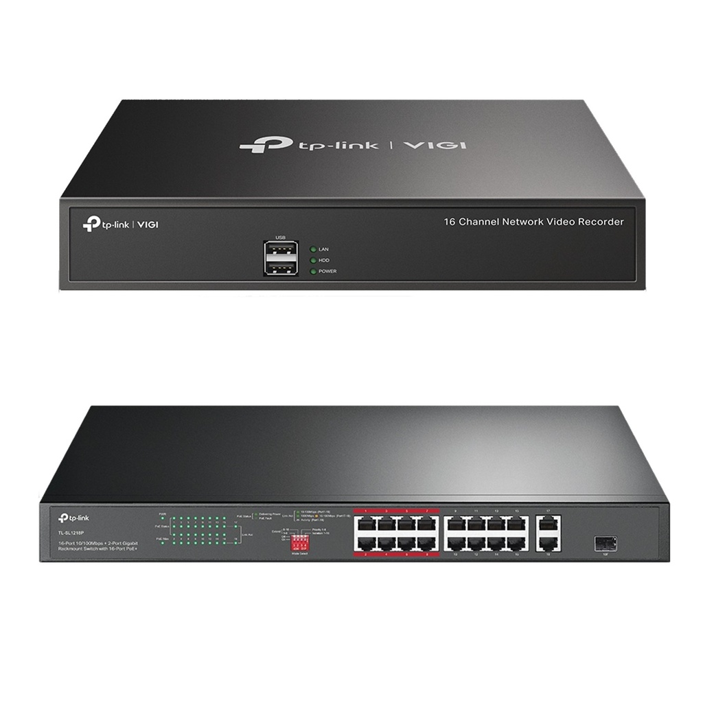 [NVR1016H + TL-SL1218P] TP-Link - Combo VIGI NVR 16 CH 4K + SWITCH GIGABIT 16Puertos 10/100 Mbps – 2Puertos PoE+ 16P RACK