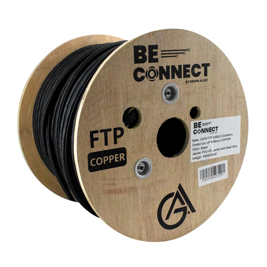 [ATB-CFC6OUTCOP1WM] Beconnect - Cable FTP Apantallado CAT6 (Categoria 6) 100% Cobre Doble Chaqueta con Mensajero Exterior (Negro) [Bobina 100 Metros]