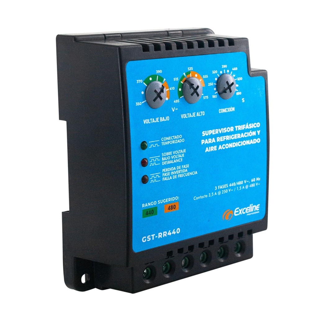 [GST-RR440] Exceline - Supervisor de voltaje Trifasico para refrigeracion y A/A 440V [Bornera]