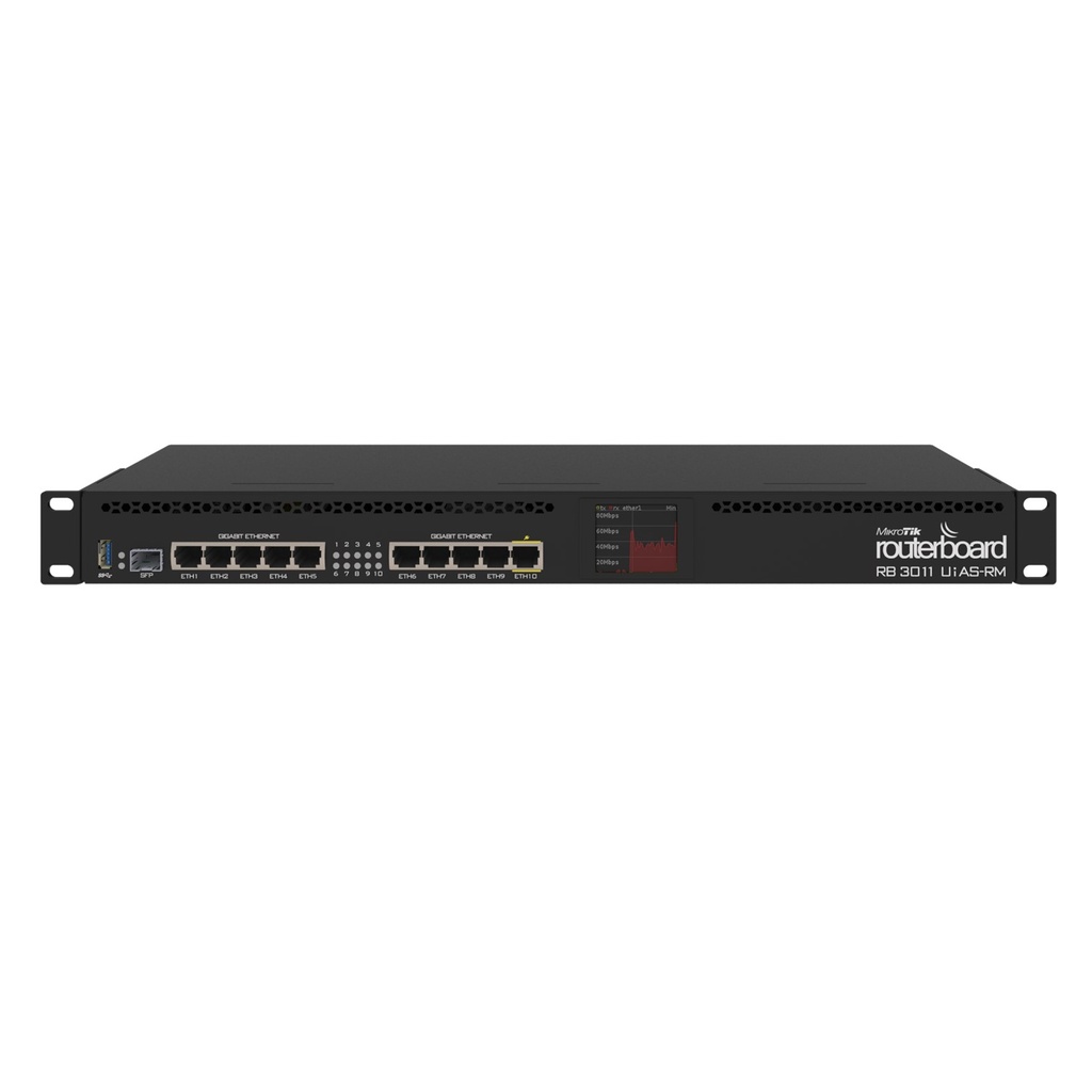 [RB3011UiAS-RM] Mikrotik - RouterBoard CPU 2 Núcleos 10 Puertos Gigabit Ethernet 1 Puerto SFP 1 GB Memoria Licencia Nivel 5 Montaje Rack