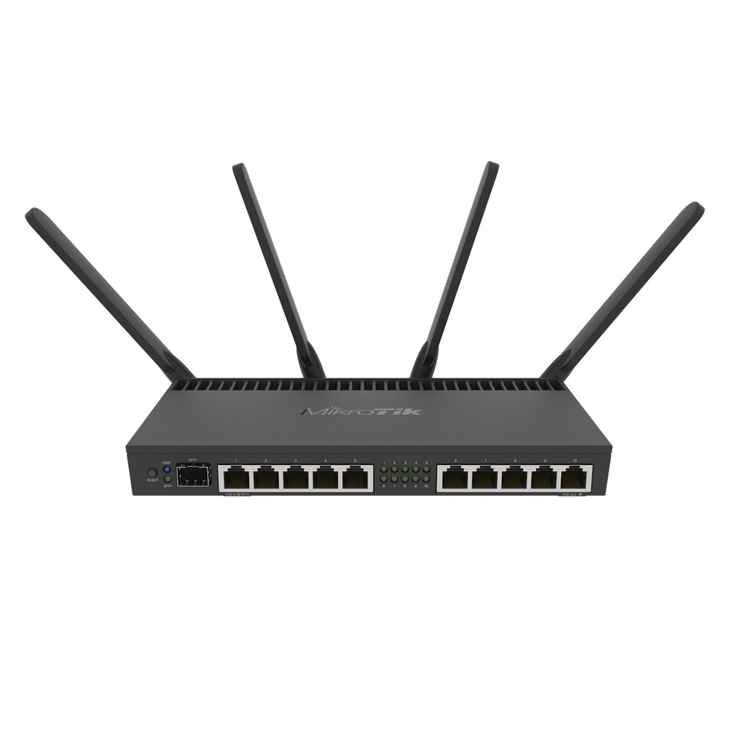 [RB4011iGS+5HacQ2HnD-IN] Mikrotik - Router con Wi-Fi 4x4 MU-MIMO hasta 2 watts de Potencia Antenas de 3 dBi 10 Puertos Gigabit 1 Puerto SFP+