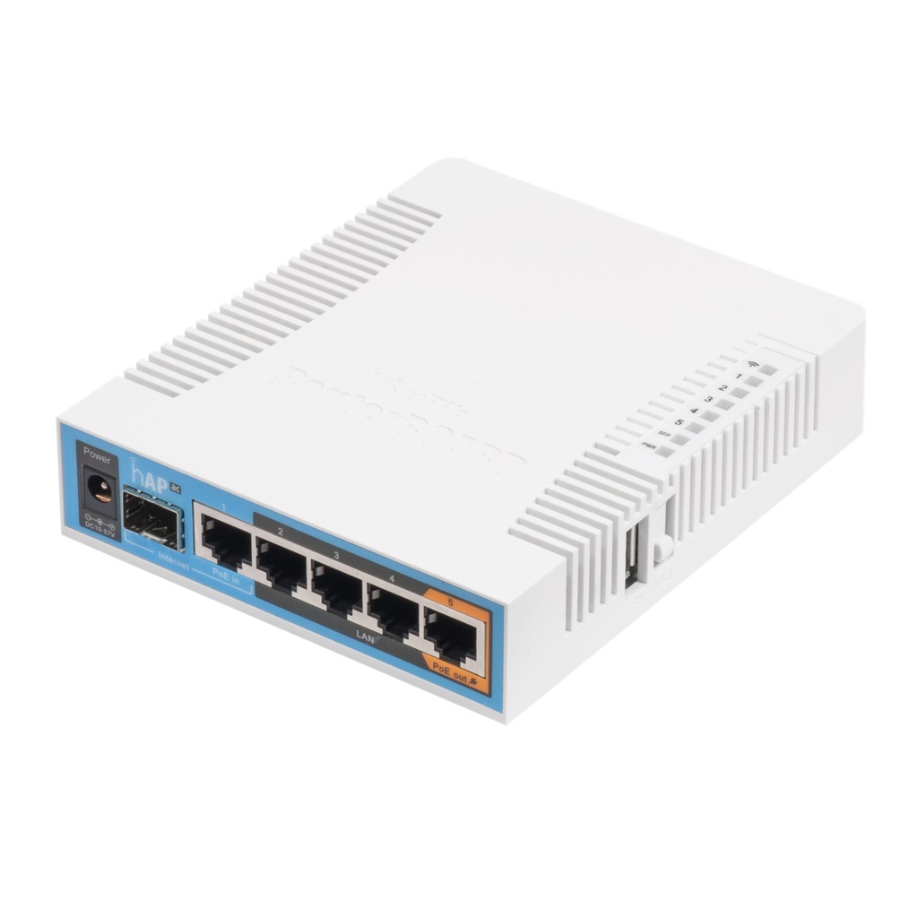[RB962UiGS-5HacT2HnT] Mikrotik - (hAP ac) 5 Puertos Gigabit Ethernet 1 Puerto SFP 1 USB WiFi Doble Banda 3x3 802.11ac hasta 1W de potencia