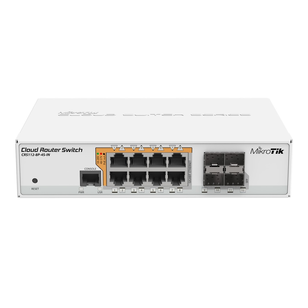 [CRS112-8P-4S-IN] Mikrotik - Cloud Router Switch Administrable L3 8 Puertos 10/100/1000 Mbps c/PoE Pasivo ó 802.3af/at 4 Puertos SFP