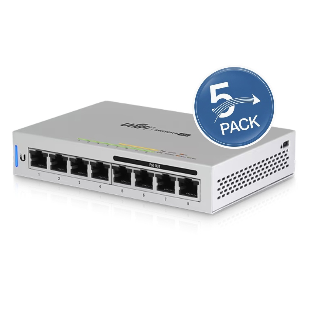 [US-8-60W-5] Ubiquiti - Switch UniFi Administrable Capa 2 de 8 Puertos Gigabit 4 Puertos Gigabit PoE 802.3af y 4 Puertos Gigabit Ethernet 60W [5 Unidades]