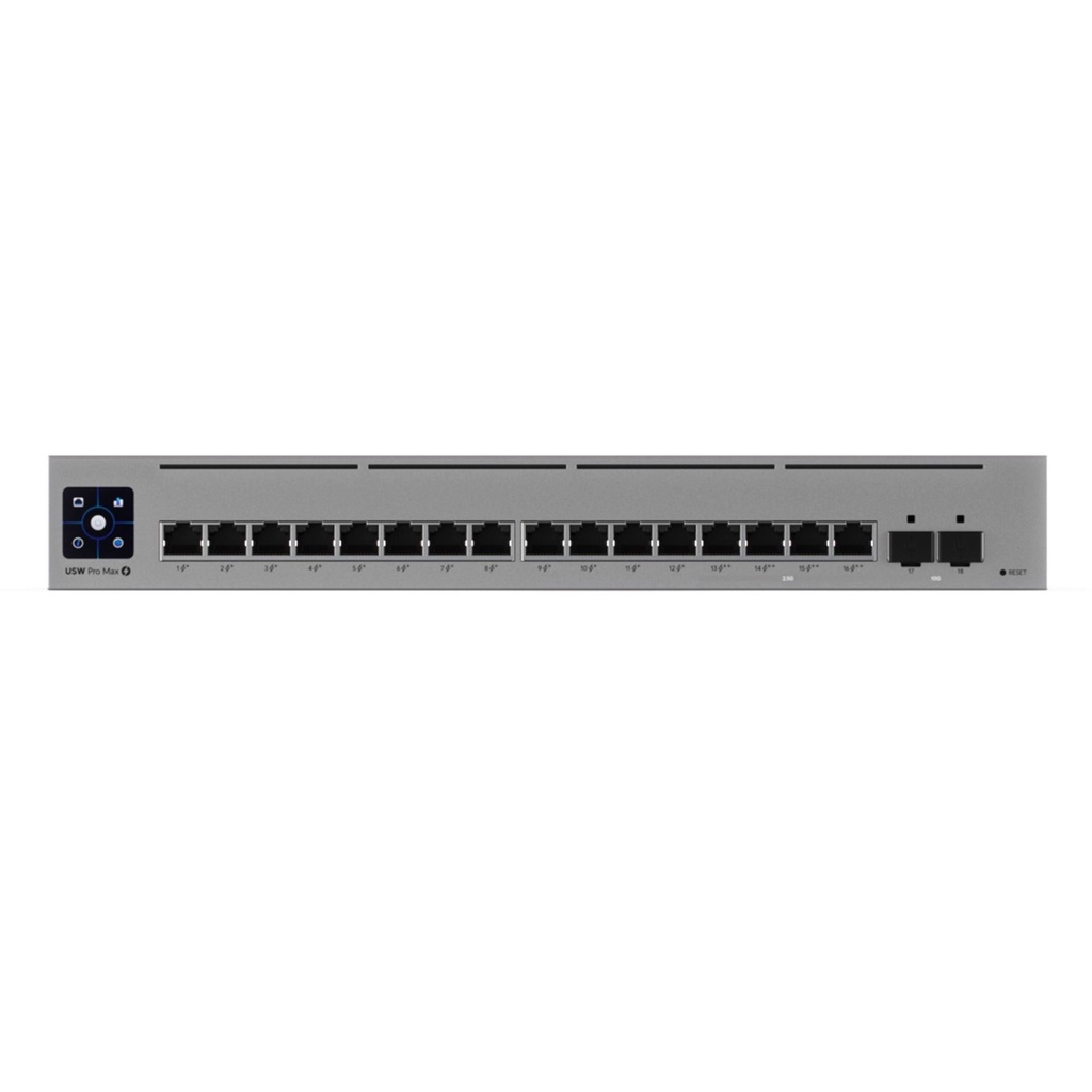 [USW-Pro-Max-16] Ubiquiti - UniFi Switch Pro Max con funciones Capa 3 16 Puertos GbE EtherLight (4 Puertos 2.5 GbE  + 12 Puertos 1 GbE + 2 Puertos de fibra SFP+ 10G] 25W