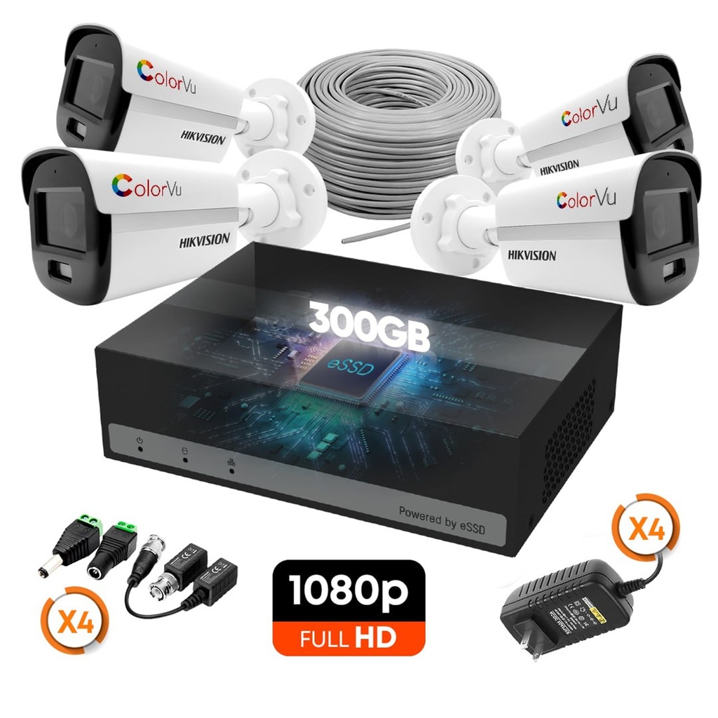 [KITCAM01] Hikvision - Kit Cámaras de Seguridad 4CH ColorVU 4 Bullet HD 1080P [2MP] 300Gb con Accesorios