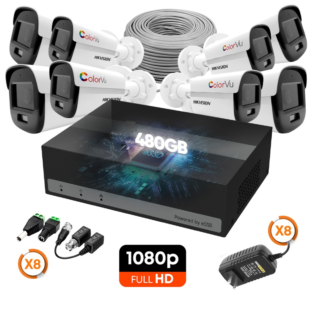 [KITCAM02] Hikvision - Kit Cámaras de Seguridad 8CH ColorVU 8 Bullet HD 1080P [2MP] 480Gb con Accesorios