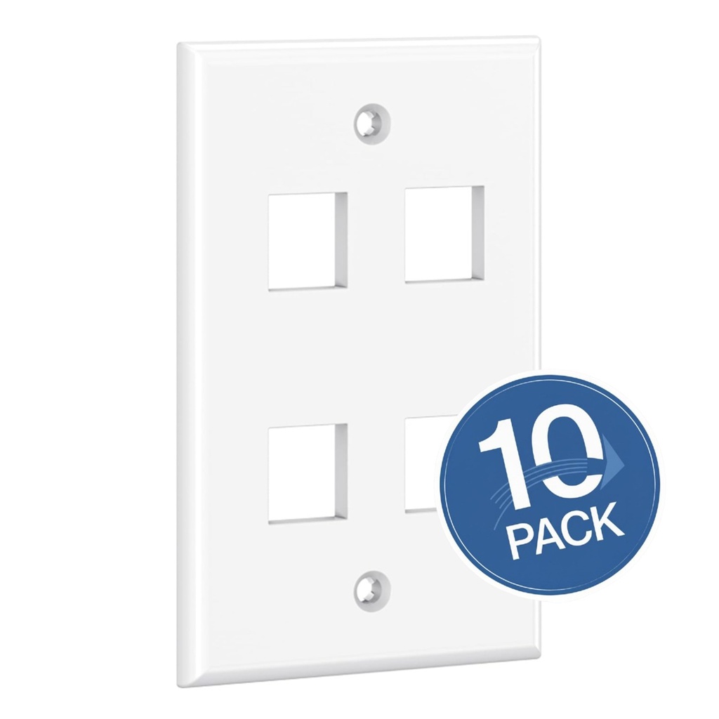 [WP-FP04-WHITE-10UND] Wireplus - Face Plate Placa Frontal de Pared para Keystone 4 Puertos Blanco [10 Unidades]