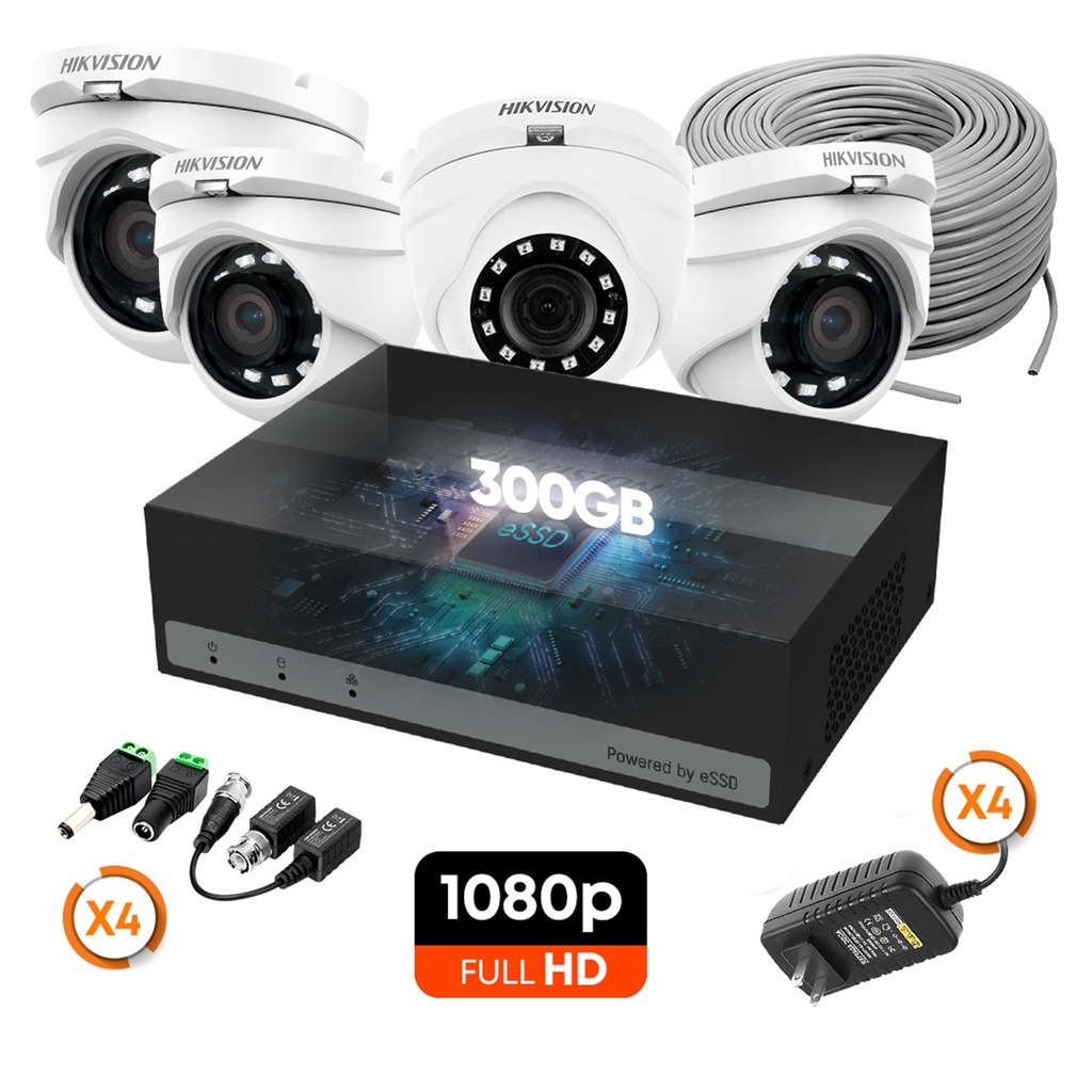 [KITCAM03] Hikvision - Kit Cámaras de Seguridad 4CH 4 Domo Metal HD 1080P [2MP] 300Gb con Accesorios