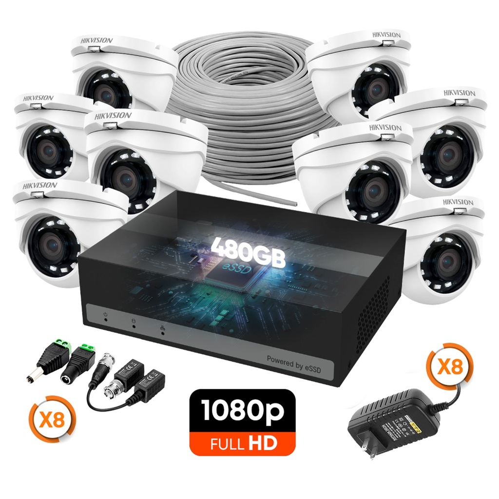 [KITCAM04] Hikvision - Kit Cámaras de Seguridad 8CH 8 Domo Metal HD 1080P [2MP] 480Gb con Accesorios