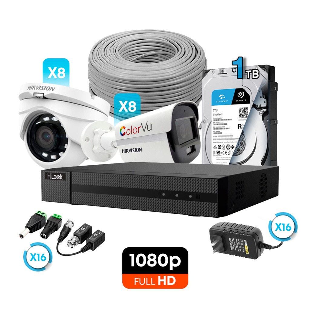 [KITCAM05] Hikvision/HiLook - Kit Cámaras de Seguridad 16CH 8 Domo Metal 8 Bullet ColorVu HD 1080P [2MP] 1Tb con Accesorios