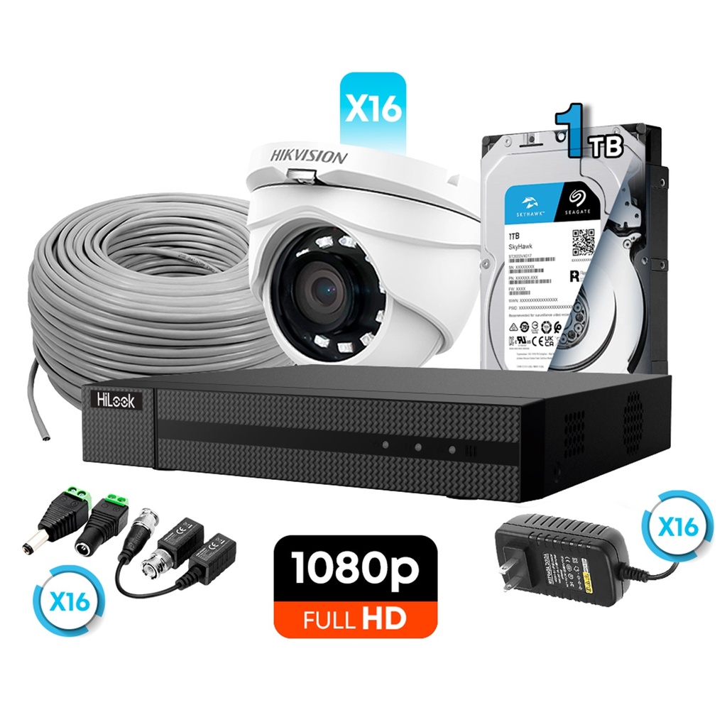 [KITCAM06] Hikvision/HiLook - Kit Cámaras de Seguridad 16CH 16 Domo Metal HD 1080P [2MP] 1Tb con Accesorios