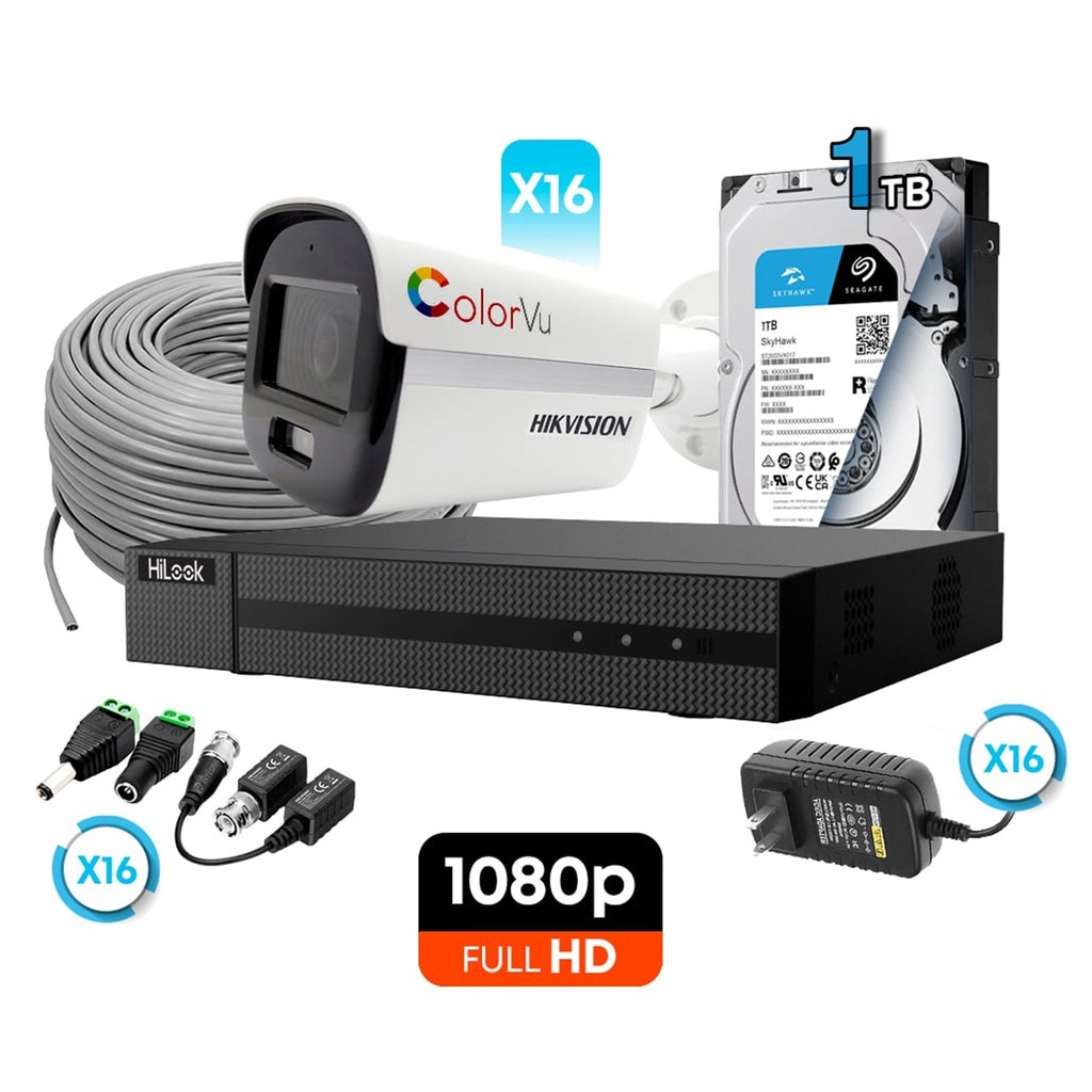 [KITCAM07] Hikvision/HiLook - Kit Cámaras de Seguridad 16CH 16 Bullet ColorVu HD 1080P [2MP] 1Tb con Accesorios