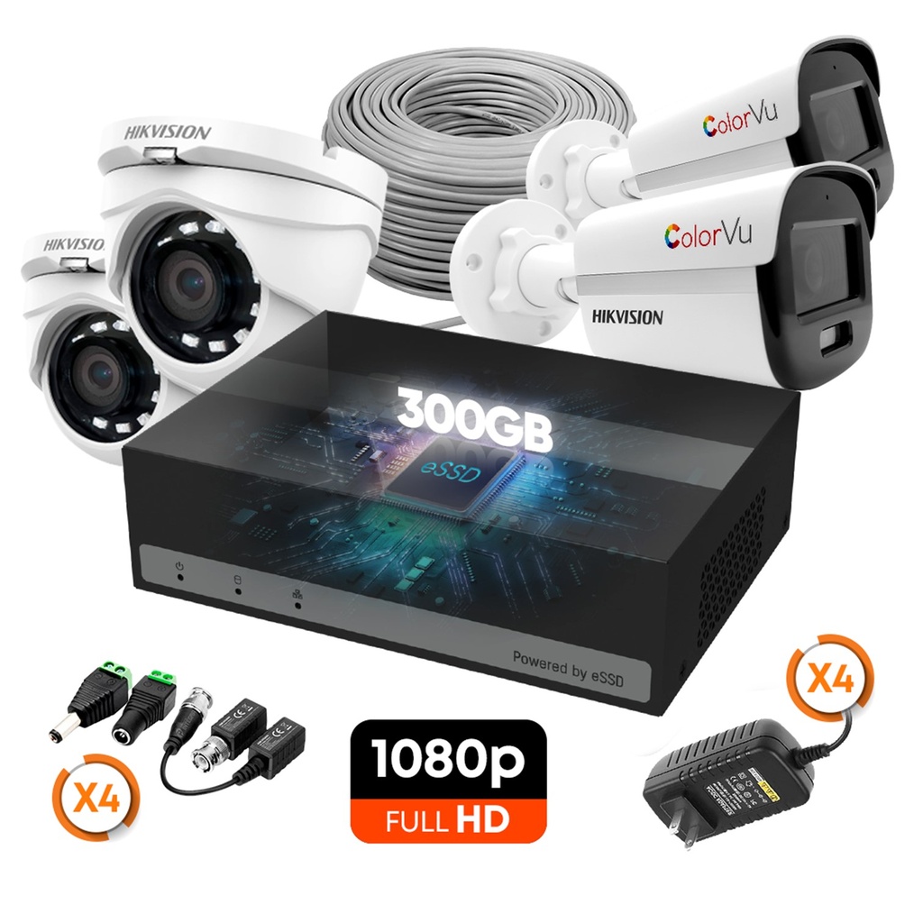 [KITCAM08] Hikvision - Kit Cámaras de Seguridad 4CH ColorVU 2 Bullet 2 Domo Metal HD 1080P [2MP] 300Gb con Accesorios