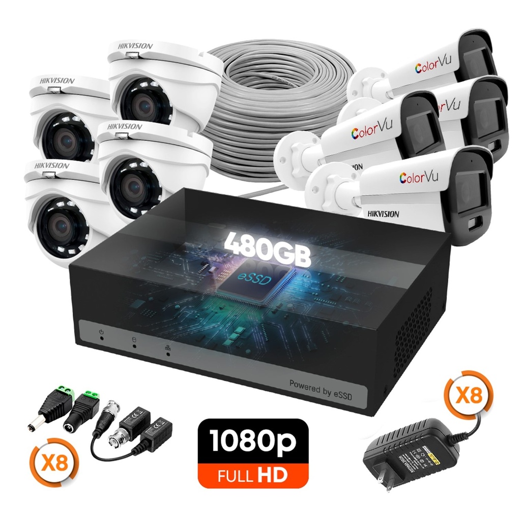 [KITCAM09] Hikvision - Kit Cámaras de Seguridad 8CH ColorVU 4 Bullet 4 Domo Metal HD 1080P [2MP] 480Gb con Accesorios