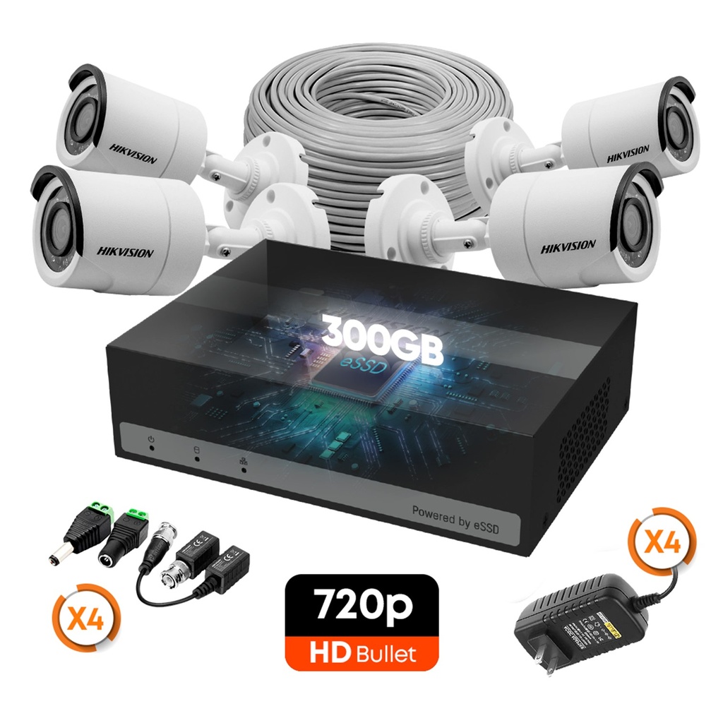 [KITCAM10] Hikvision - Kit Cámaras de Seguridad 4CH  4 Bullet Metalico HD 720P [1MP] 300Gb con Accesorios