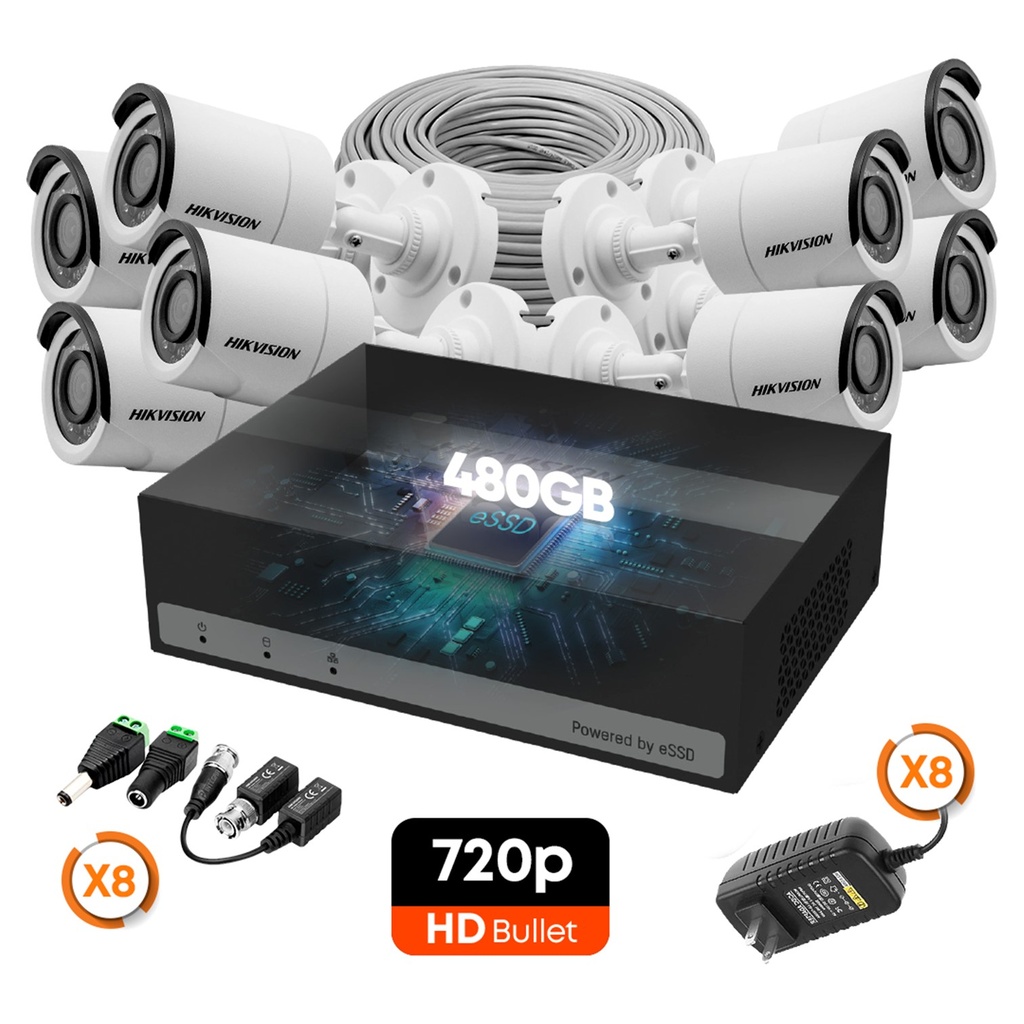 [KITCAM11] Hikvision - Kit Cámaras de Seguridad 8CH  8 Bullet Metalico HD 720P [1MP] 480Gb con Accesorios