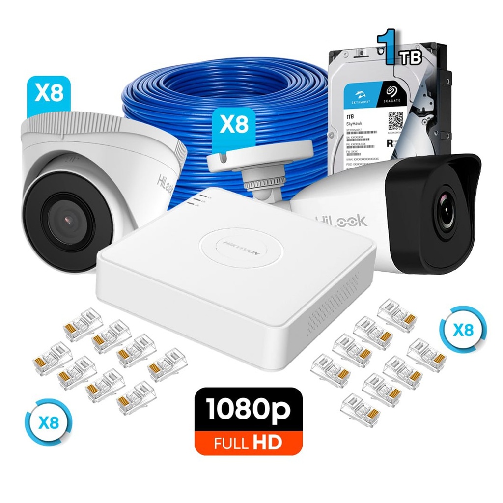 [KITCAM13] Hikvision - Kit Cámaras de Seguridad 8CH IP POE 4 Domo Plastico 4 Bullet Plastico HD 1080P [2MP] 1Tb con Accesorios