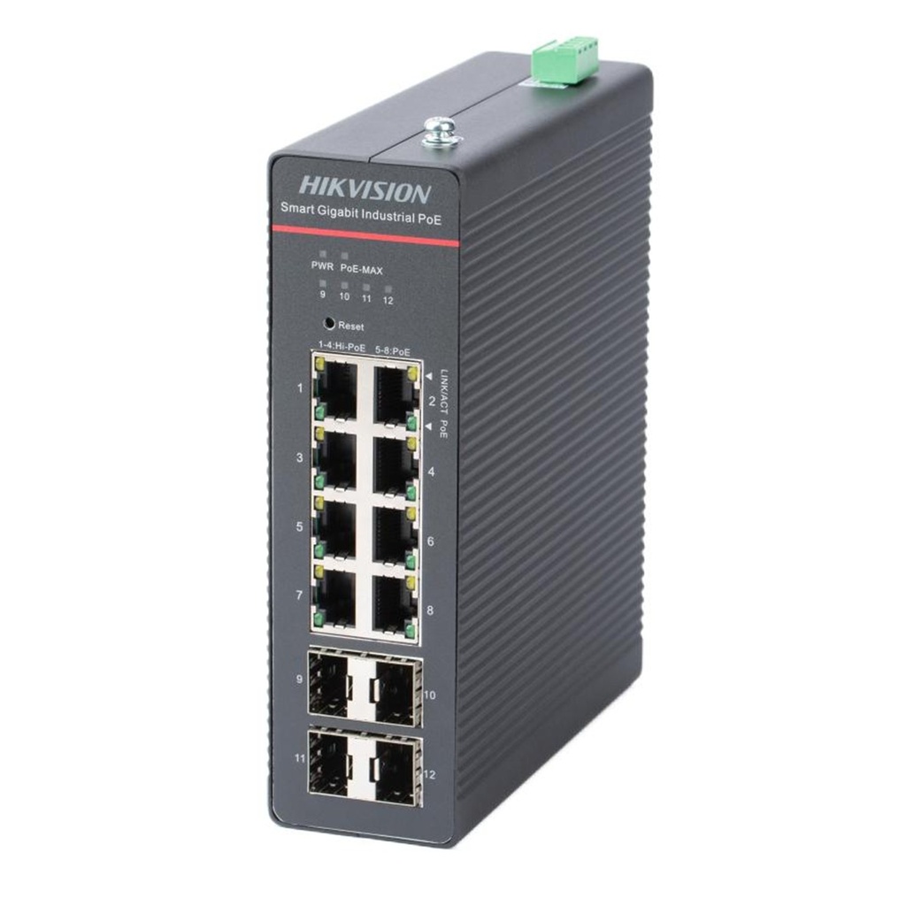 [DS-3T1512HP-SI-8P4F(O-STD)/No Power unit] Hikvision - Switch Industrial Administrable Gigabit 6 Puertos Gigabit PoE+ 30W + 2 Puertos Gigabit PoE++ (60 W) 2 Puertos SFP 120W Total 48 a 57 VCD 